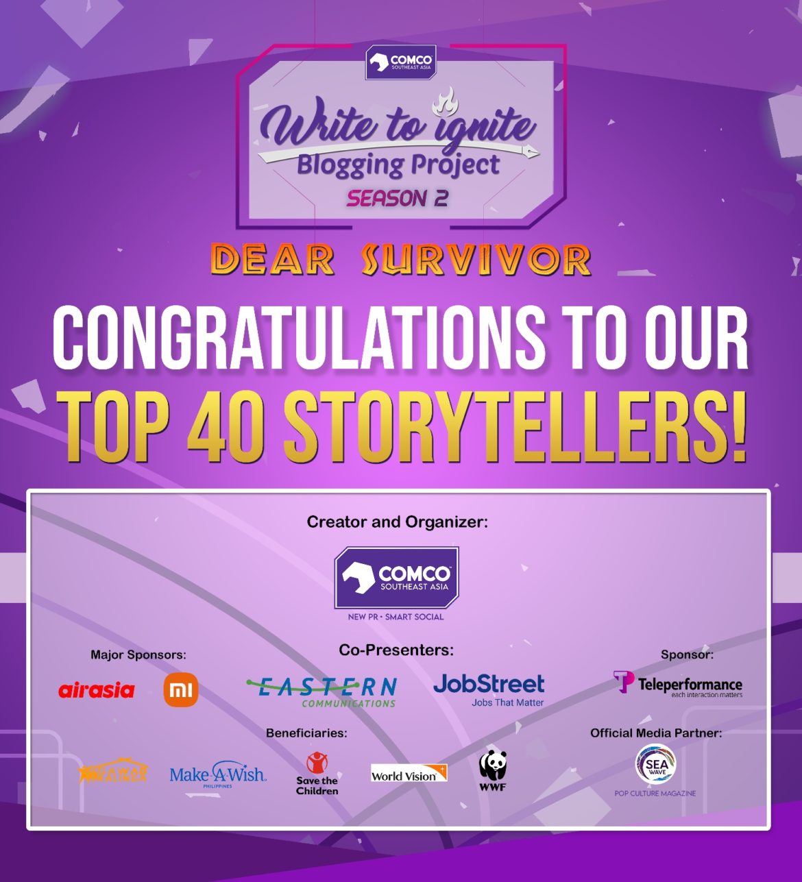 ComCo Southeast Asia Write to Ignite Blogging Project Season 2 Dear Survivor - Top 40 Storytellers