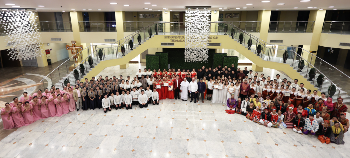 Participating choirs huddled together in the lobby of the Buenaventura Garcia Paredes, O.P. Building at the University of Santo Tomas. From L-R: Himig Roseña, St. Scholastica’s Academy Marikina Glee Club, UST Chorus of Arts and Letters, Minstrels Rhythm of Hope, Los Cantantes de Manila, Wesleyan University Philippines Chamber Singers, and RTU Himig Rizalia