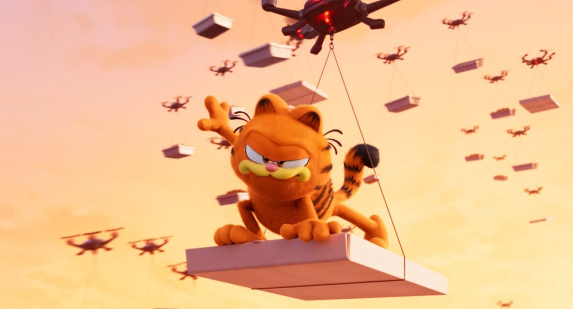 Still from The Garfield Movie showing Garfield in a dynamic action pose.