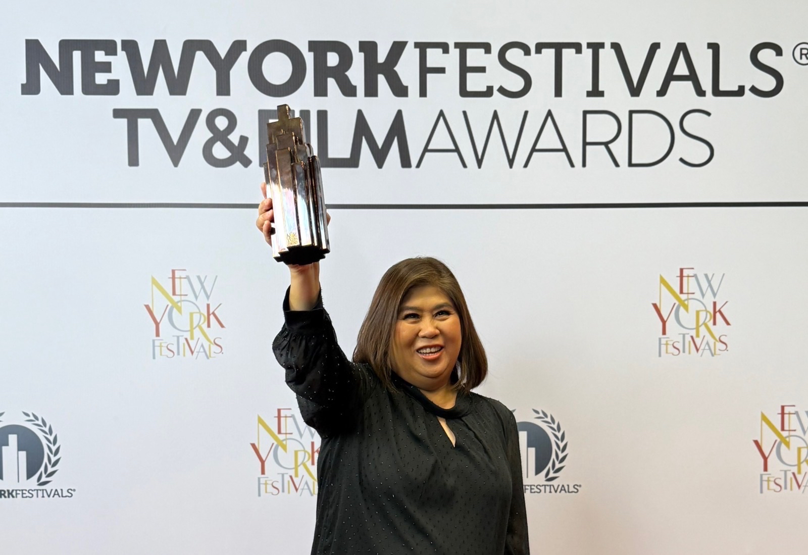 Jessica Soho holding a Bronze Tower Trophy at the 2025 New York Festivals TV & Film Awards | Photo courtesy of Jessica Soho