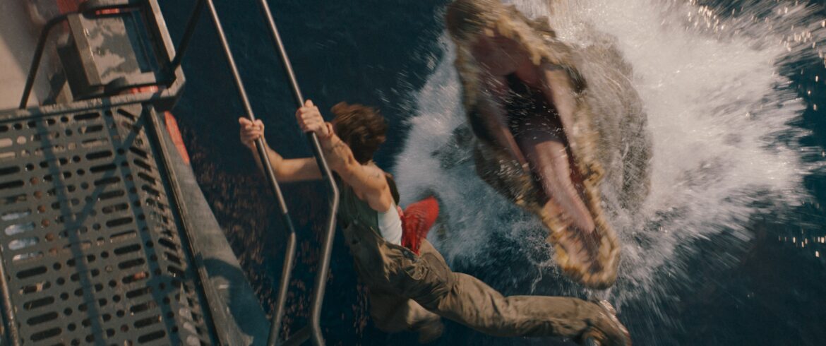 Jonathan Baily hovering about a megaladoon | Photo courtesy of Universal Pictures