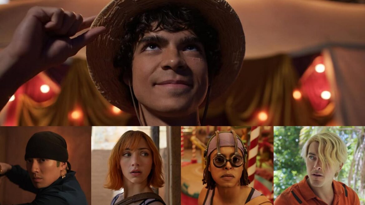 Top: Luffy (Iñaki Godoy) | Bottom: Zoro (Mackenyu), Nami (Emily Rudd), Usopp (Jacob Romero), and Sanji (Taz Skylar) as the current members of the Straw Hat Pirates in One Piece season 2 | Photos from Netflix