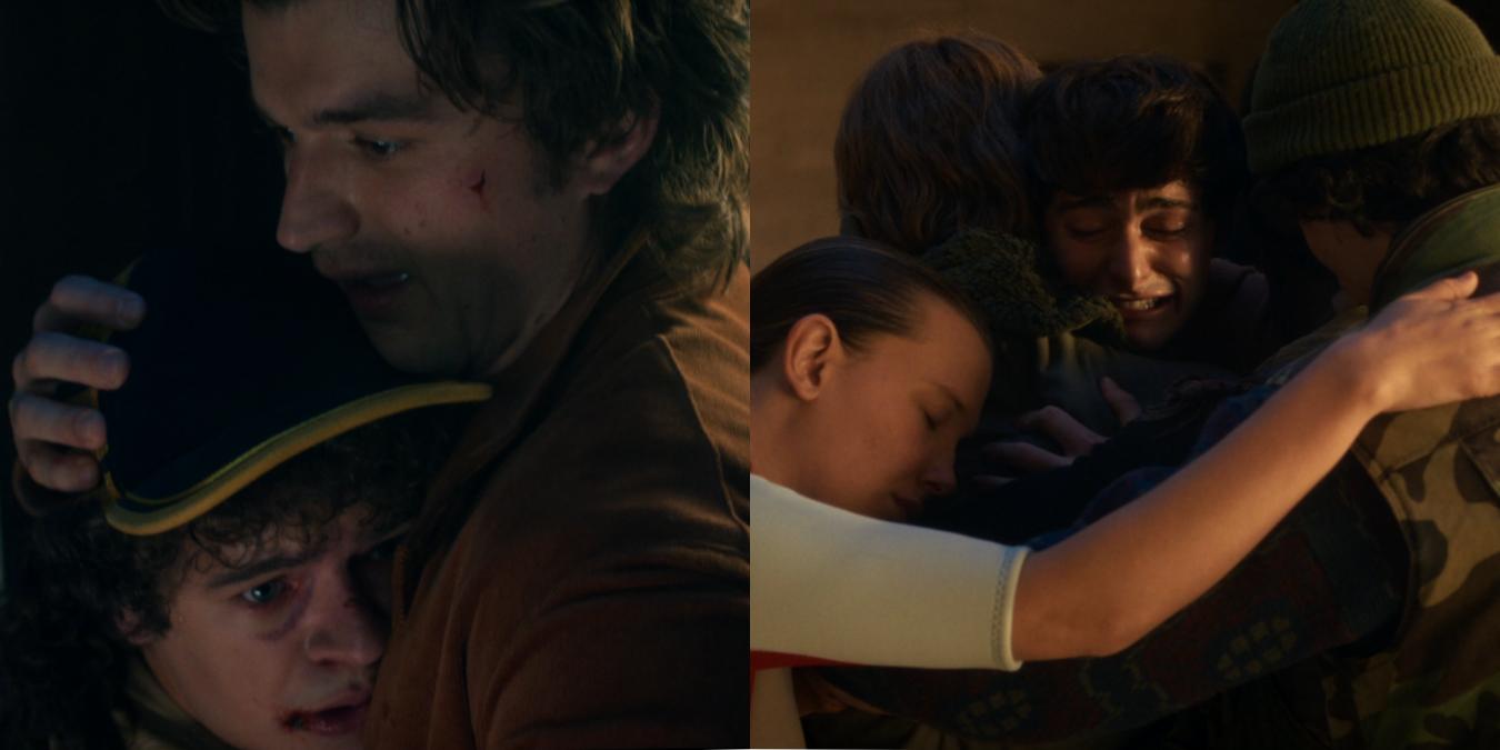 L to R: Steve and Dustin in Episode 6 and The Party hugging Will in Episode 7 | Photos from Netflix