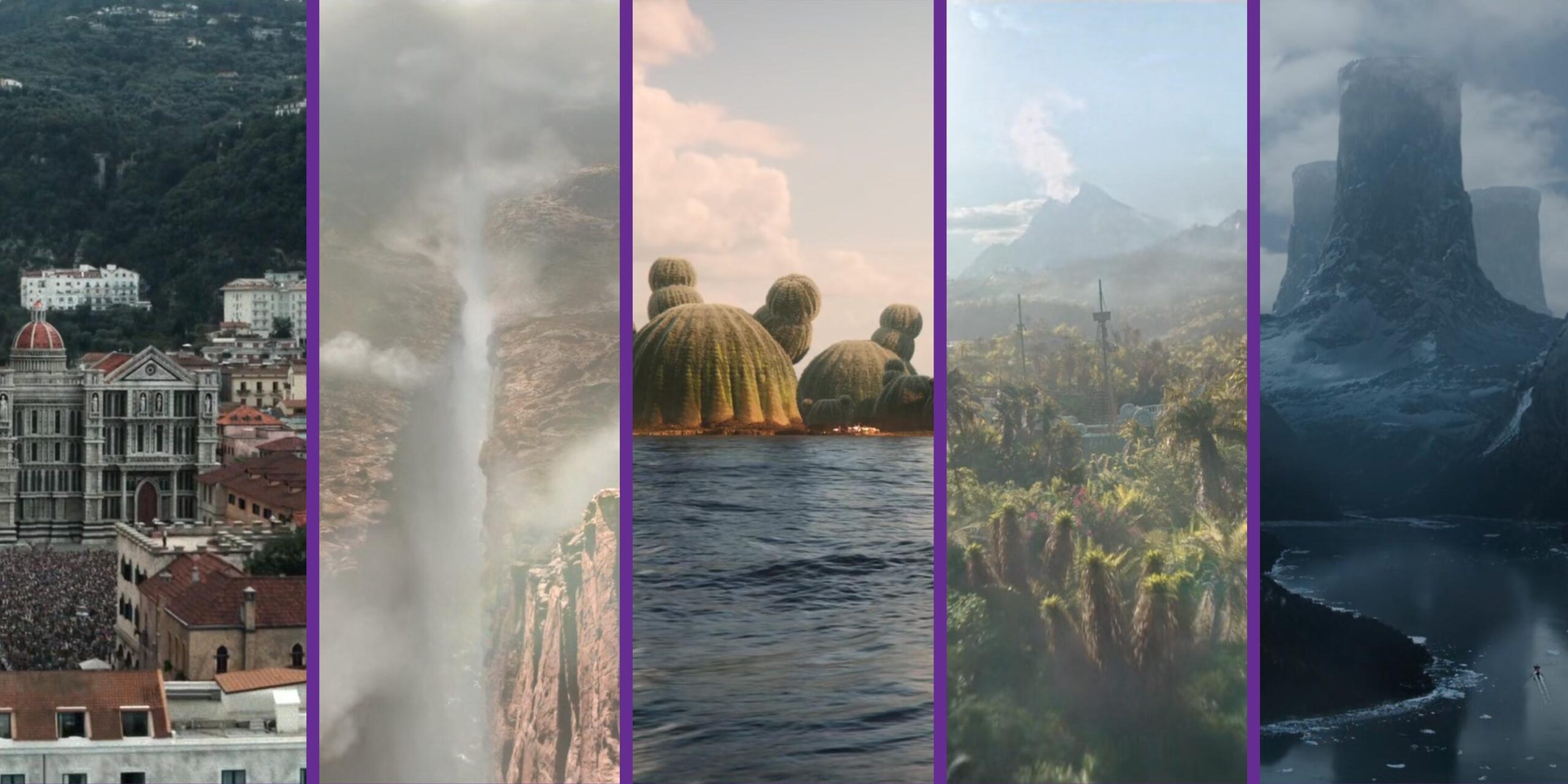 From Left to Right: Loguetown, Reverse Mountain, Whisky Peak, Little Garden, and Drum Island|Photos from Netflix