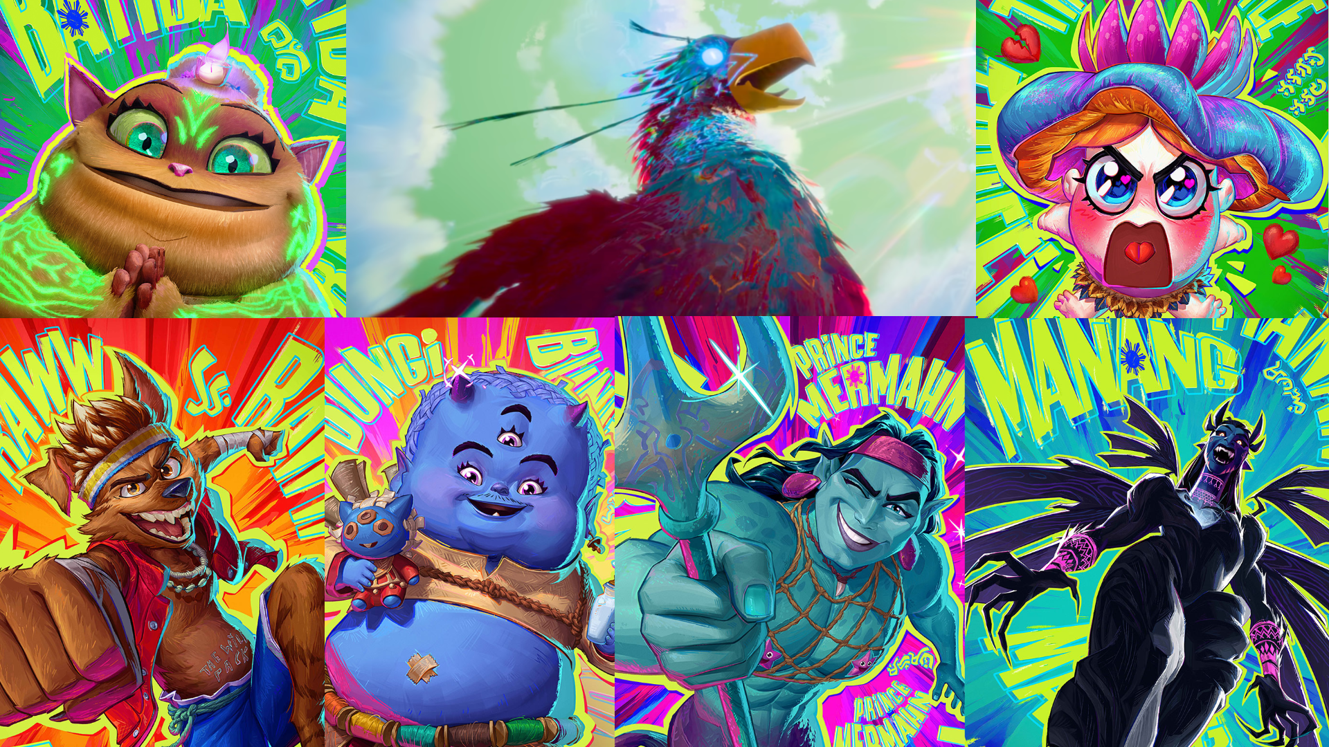 L to R and T to B: Batiba, Sarimanok, King Truffle Wuffle, Raww, Bungi, MerMahn, and Manananggal | Images from DreamWorks Animation